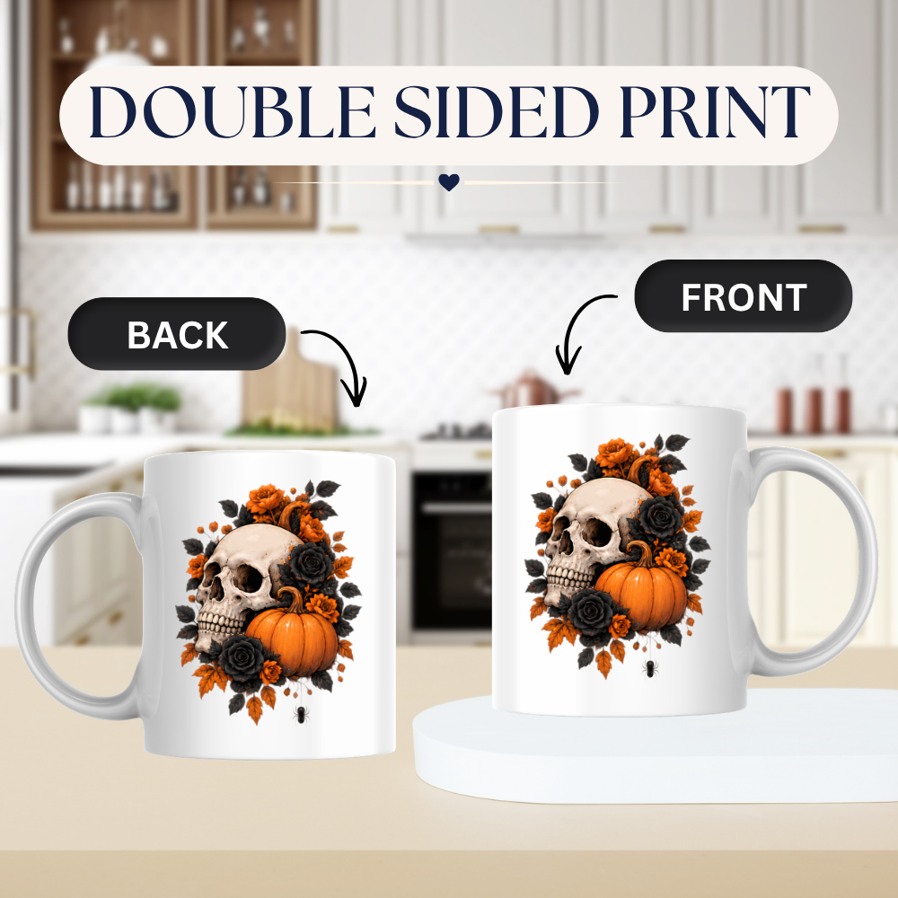 Halloween Mug "Floral Skull & Orange Pumpkin" Floral Skull and Orange Pumpkin 325ml Ceramic Coffee Mug – Gothic Halloween Autumn Tea Cup With Detailed Human Skull Roses Spider Graphic Gift | Available in Multicolours | Fast Dispatch by UK Seller (M3226)