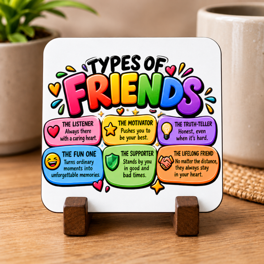 Best Friends Coaster "Types of Friends The Listener The Motivator The Truth-Teller The Fun One The Supporter The Lifelong Friend" Graphic Glossy Hardboard 9x9cm Drinks Mat – Colorful Bestie Roles Tableware Gift | Fast Dispatch by UK Seller (C3072)
