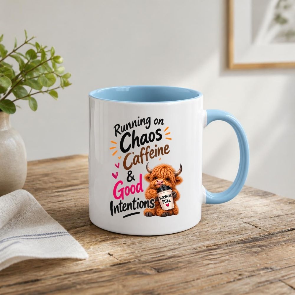 Humorous Mug "Running on Chaos Caffeine & Good Intentions" Highland Cow 325ml Ceramic Coffee Mug Funny Coffee Lover Tea Cup with Survival Fuel Cup Gift | Available in Multicolours | Fast Dispatch by UK Seller (M1286)