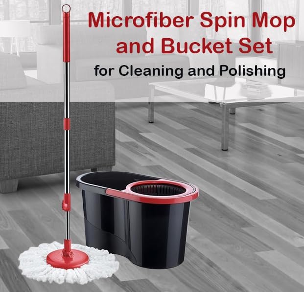 Spin Mop and Bucket Set | Microfibre Mop Head | Long Handle Extendable Stainless Steel | Floor Cleaning | 360° Rotating Mop with Easy Wringer | Wet and Dry