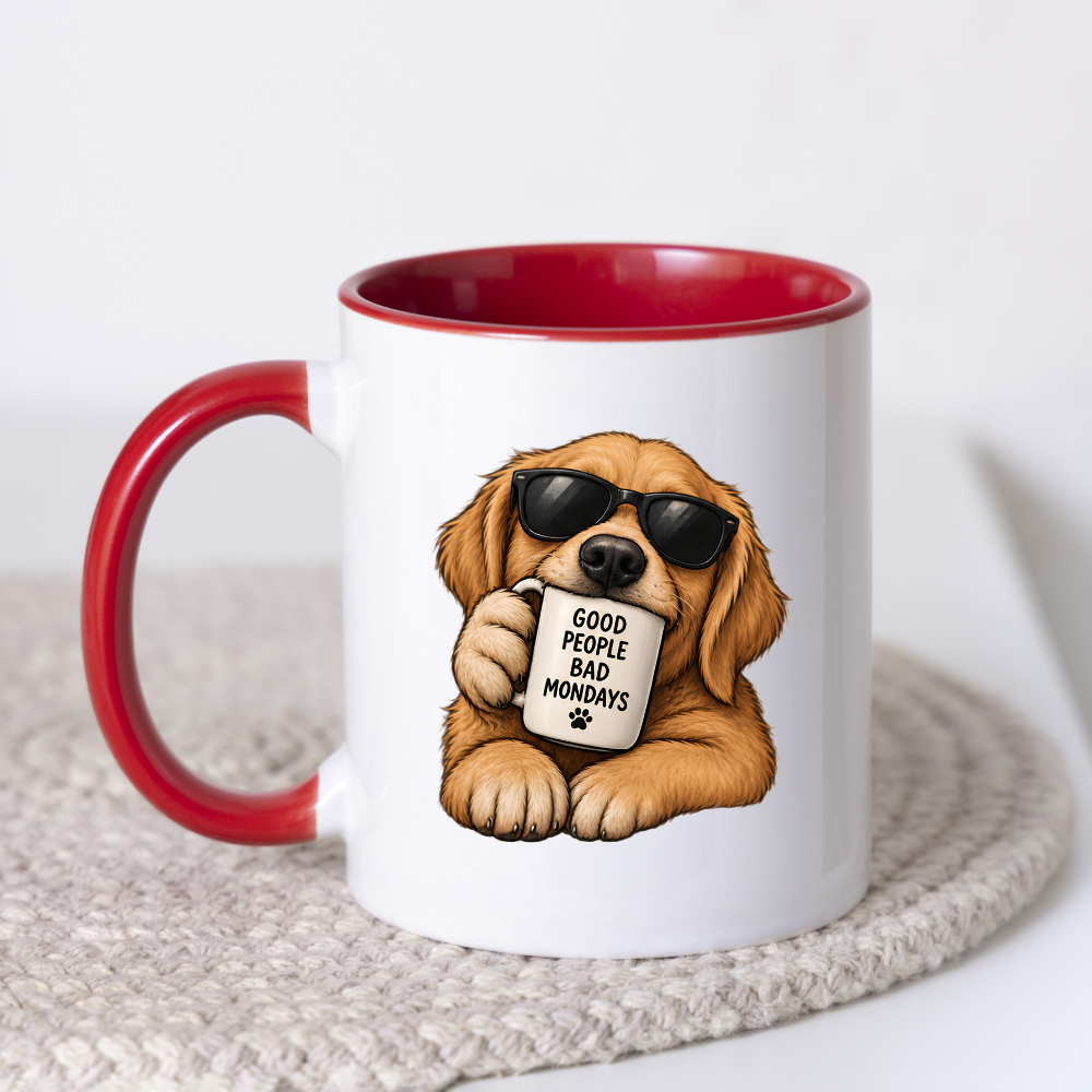 Funny Dog Mug "GOOD PEOPLE BAD MONDAYS" Cool Golden Retriever 325ml Ceramic Coffee Mug Sarcastic Puppy Tea Cup with Sunglasses & Mini Mug Graphic Gift | Available in Multicolours | Fast Dispatch by UK Seller (M3004)