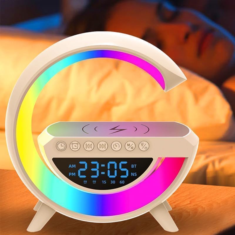 Atmosphere Lamp with 15W Wireless Charger Led Alarm Clock Dimmable Ambient Light Smart Table Lamp with Bluetooth Speaker Dazzling Running Lights 13 Modes Lights for Adults Kids Office Bedroom