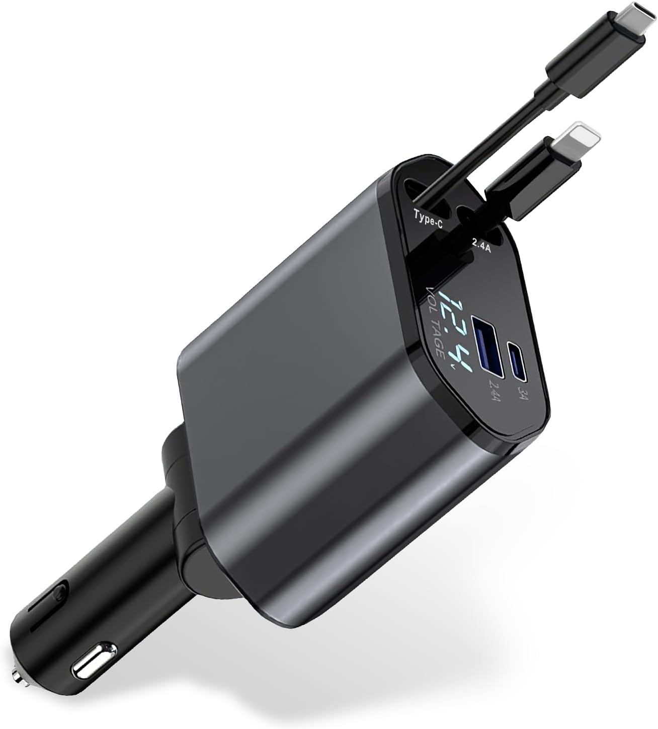 Retractable Car Charger, 4-in-1 Car Phone Charger 120W Fast Charge with 2 Retractable Cables and 2 USB Ports, Multi-Device Car Phone Charger Adapter for Cars, Trucks and Vans, Multifunctional
