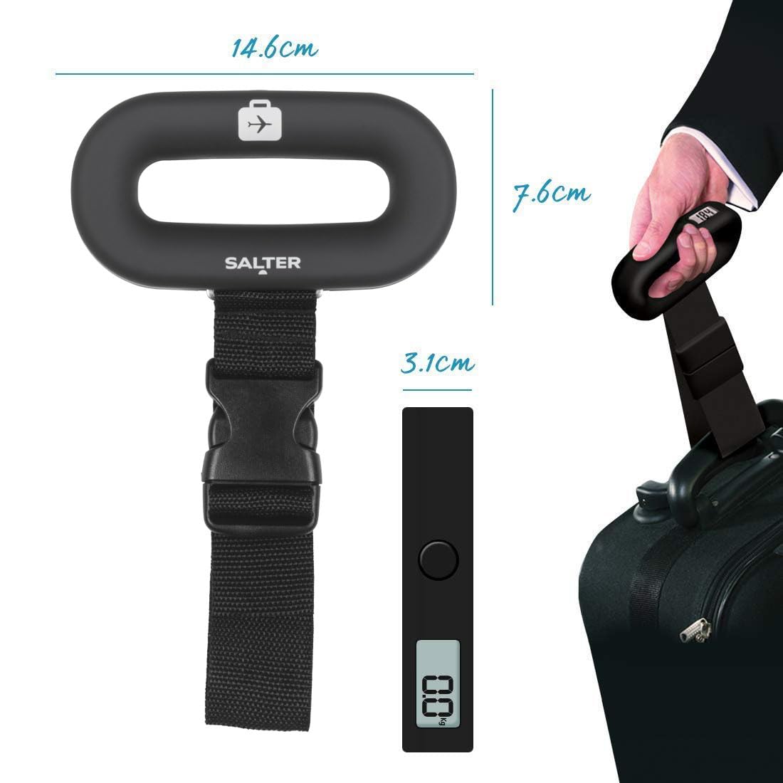 Salter 9500 BKDCTMEU16 Digital Luggage Scale - Suitcase Weighing Scales, Carry On Baggage Weight, Easy Grip Handle, 40kg / 88 lbs Capacity, Secure Clip Fastening, Lightweight, Includes Battery