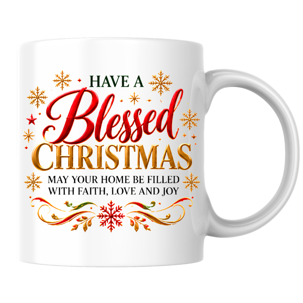 Christmas Mug "Have A Blessed Christmas Faith Love Joy" 325ml Ceramic Coffee Mug – Christian Holiday Blessing Mug With Gold Snowflakes Scrollwork Festive Religious Gift | Available in Multicolours | Fast Dispatch by UK Seller (M3296)