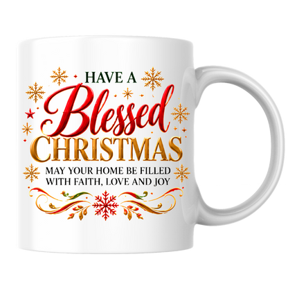 Christmas Mug "Have A Blessed Christmas Faith Love Joy" 325ml Ceramic Coffee Mug – Christian Holiday Blessing Mug With Gold Snowflakes Scrollwork Festive Religious Gift | Available in Multicolours | Fast Dispatch by UK Seller (M3296)