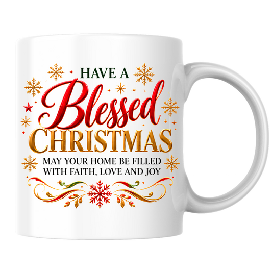 Christmas Mug "Have A Blessed Christmas Faith Love Joy" 325ml Ceramic Coffee Mug – Christian Holiday Blessing Mug With Gold Snowflakes Scrollwork Festive Religious Gift | Available in Multicolours | Fast Dispatch by UK Seller (M3296)