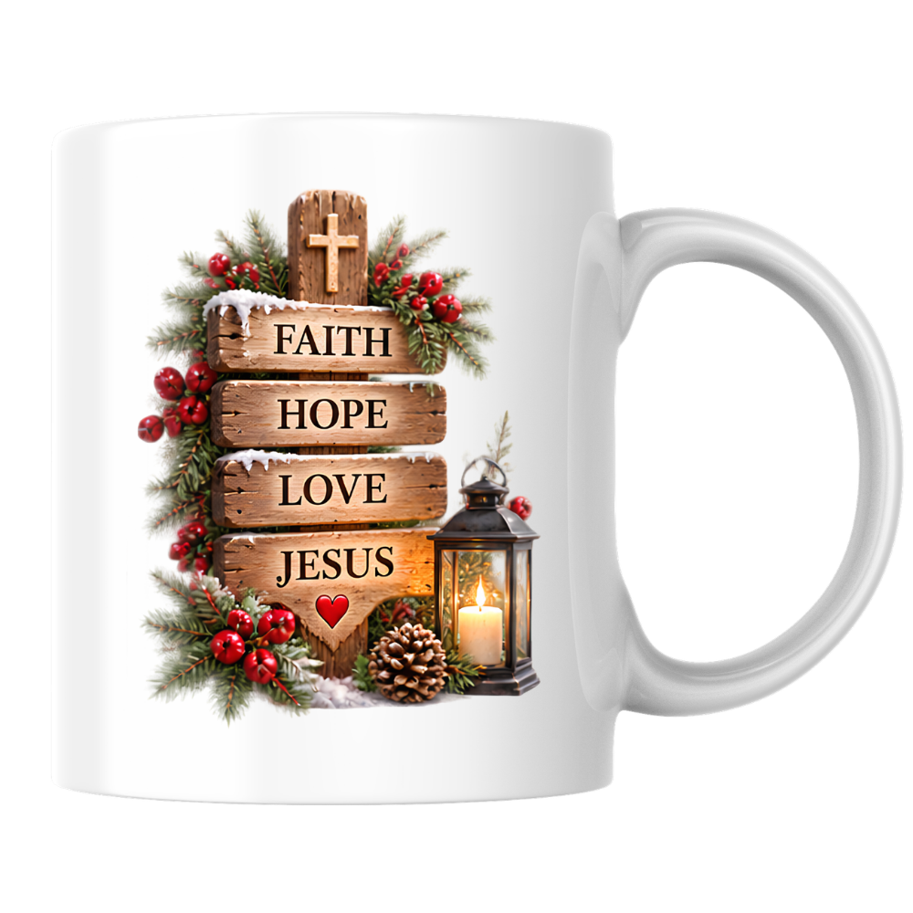 Christmas Mug "Faith Hope Love Jesus Wooden Signpost" 325ml Ceramic Coffee Mug – Christian Christmas Mug With Cross Candle Lantern Pine Sprigs Rustic Festive Gift | Available in Multicolours | Fast Dispatch by UK Seller (M3302)