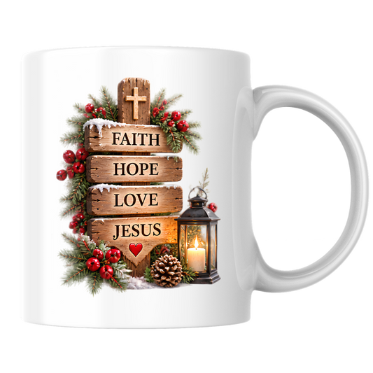 Christmas Mug "Faith Hope Love Jesus Wooden Signpost" 325ml Ceramic Coffee Mug – Christian Christmas Mug With Cross Candle Lantern Pine Sprigs Rustic Festive Gift | Available in Multicolours | Fast Dispatch by UK Seller (M3302)