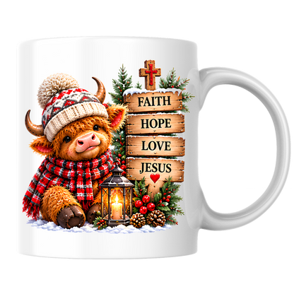 Religious Christmas Mug "Faith Hope Love Jesus" Highland Cow Faith Hope Love Jesus 325ml Ceramic Coffee Mug – Cute Highland Cow Winter Hat Mug with Wooden Signs, Lantern & Pinecones | Christian Holiday Gift | Fast Dispatch by UK Seller (M3356)
