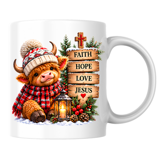 Religious Christmas Mug "Faith Hope Love Jesus" Highland Cow Faith Hope Love Jesus 325ml Ceramic Coffee Mug – Cute Highland Cow Winter Hat Mug with Wooden Signs, Lantern & Pinecones | Christian Holiday Gift | Fast Dispatch by UK Seller (M3356)