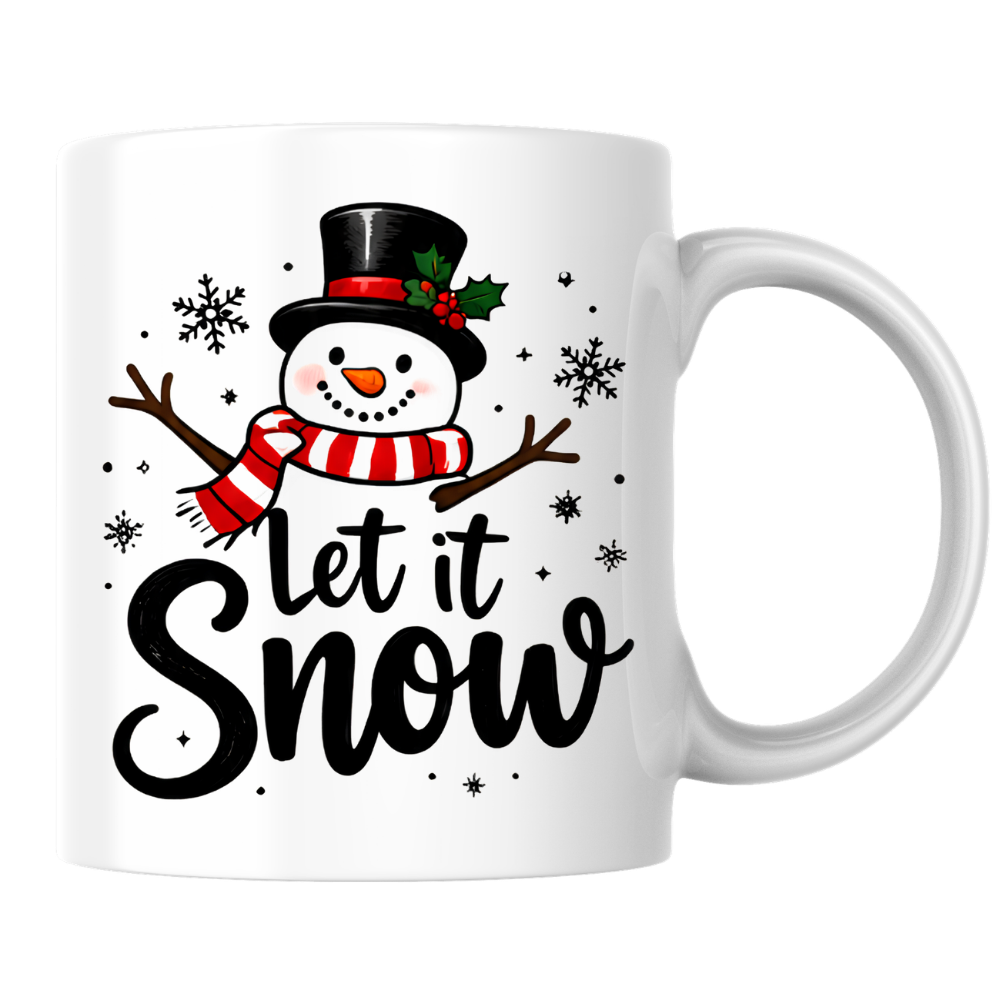 Snowman Christmas Mug "Let It Snow" Let It Snow 325ml Ceramic Coffee Mug – Cute Smiling Snowman with Top Hat, Red Striped Scarf & Flurry Snowflakes | Winter Holiday Gift | Fast Dispatch by UK Seller (M3433)