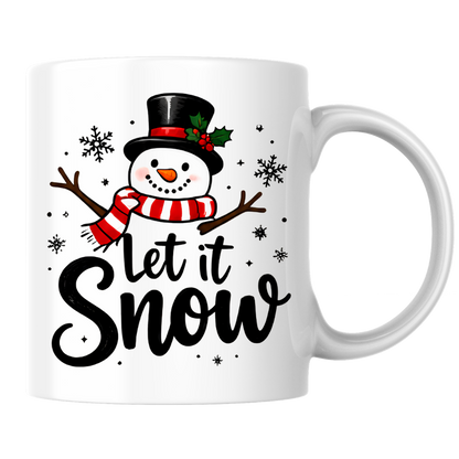 Snowman Christmas Mug "Let It Snow" Let It Snow 325ml Ceramic Coffee Mug – Cute Smiling Snowman with Top Hat, Red Striped Scarf & Flurry Snowflakes | Winter Holiday Gift | Fast Dispatch by UK Seller (M3433)