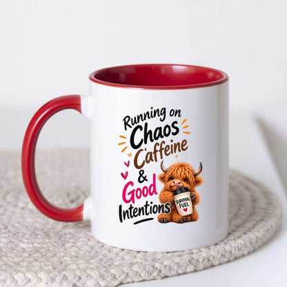 Humorous Mug "Running on Chaos Caffeine & Good Intentions" Highland Cow 325ml Ceramic Coffee Mug Funny Coffee Lover Tea Cup with Survival Fuel Cup Gift | Available in Multicolours | Fast Dispatch by UK Seller (M1286)
