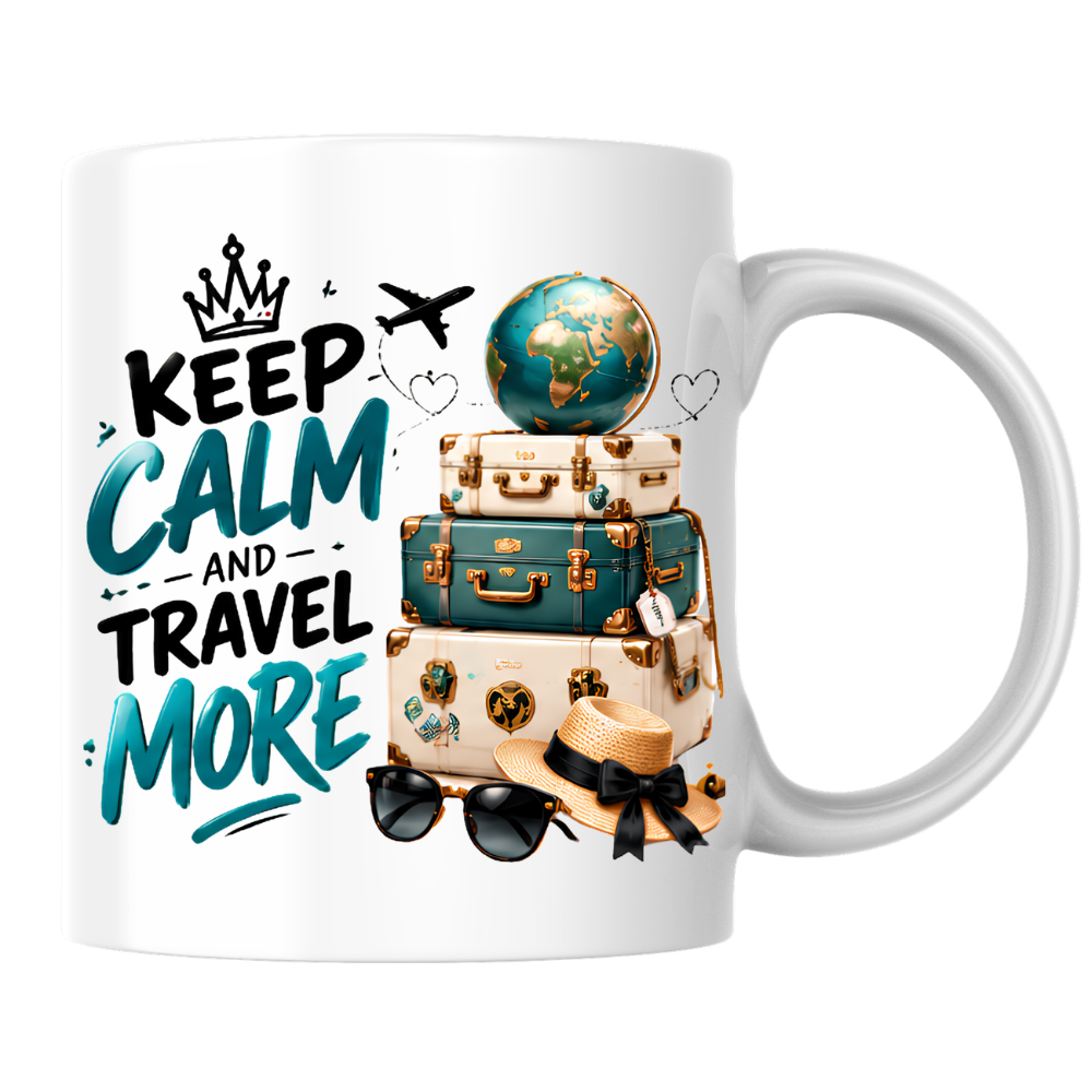 Travel Mug "Keep Calm And Travel More" 325ml Ceramic Coffee Tea Cup – Vintage Suitcases, Globe, Sunglasses & Slogan Novelty Gift for Travelers, Adventurers, Birthday – Fast Dispatch by UK Seller (M3508)