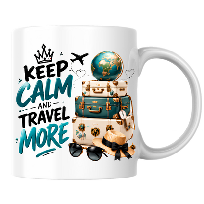 Travel Mug "Keep Calm And Travel More" 325ml Ceramic Coffee Tea Cup – Vintage Suitcases, Globe, Sunglasses & Slogan Novelty Gift for Travelers, Adventurers, Birthday – Fast Dispatch by UK Seller (M3508)