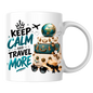 Travel Mug "Keep Calm And Travel More" 325ml Ceramic Coffee Tea Cup – Vintage Suitcases, Globe, Sunglasses & Slogan Novelty Gift for Travelers, Adventurers, Birthday – Fast Dispatch by UK Seller (M3508)