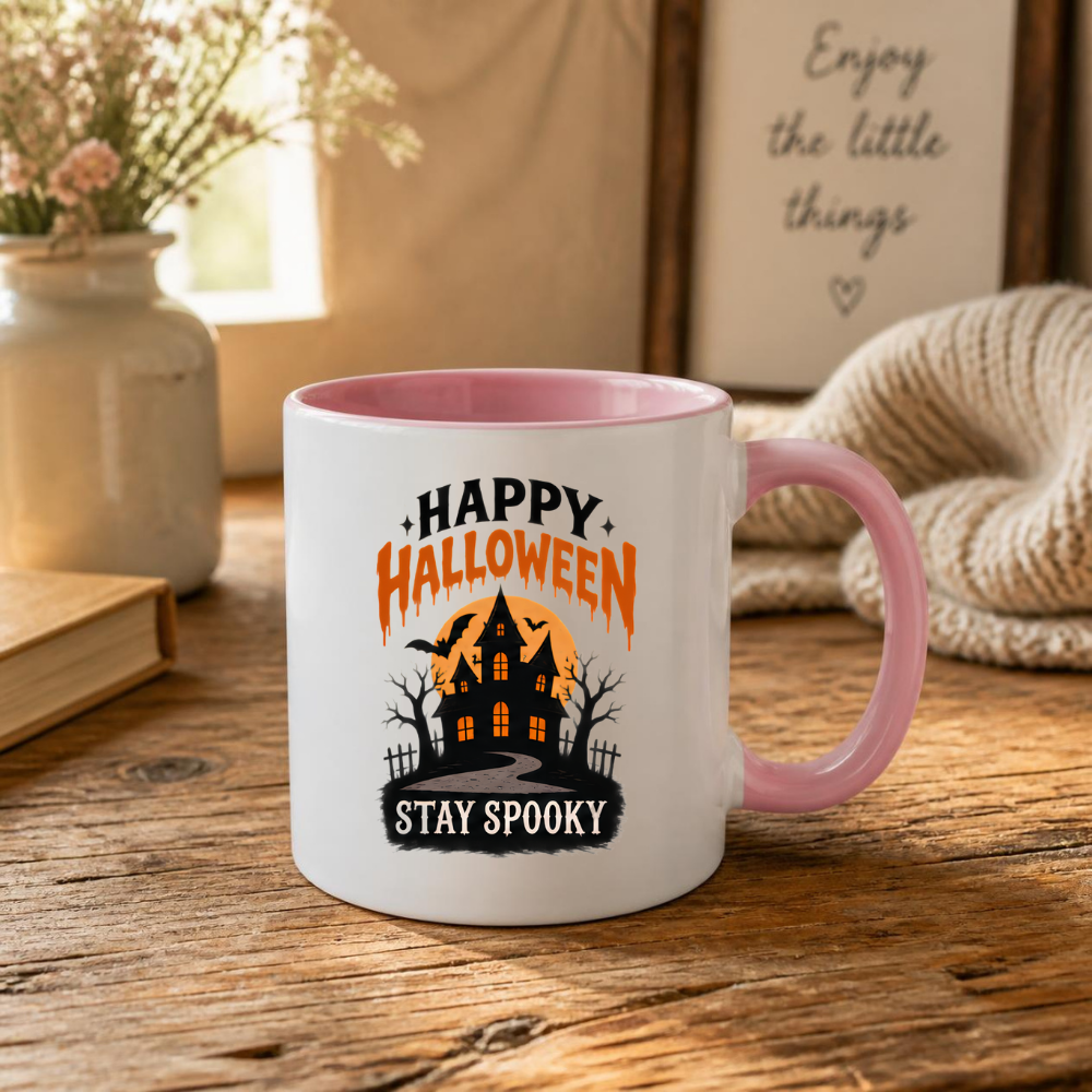 Halloween Mug "HAPPY HALLOWEEN Stay Spooky" Haunted House 325ml Ceramic Coffee Mug – Atmospheric Autumn Tea Cup with Full Moon & Bats Graphic Gift | Available in Multicolours | Fast Dispatch by UK Seller (M3072)