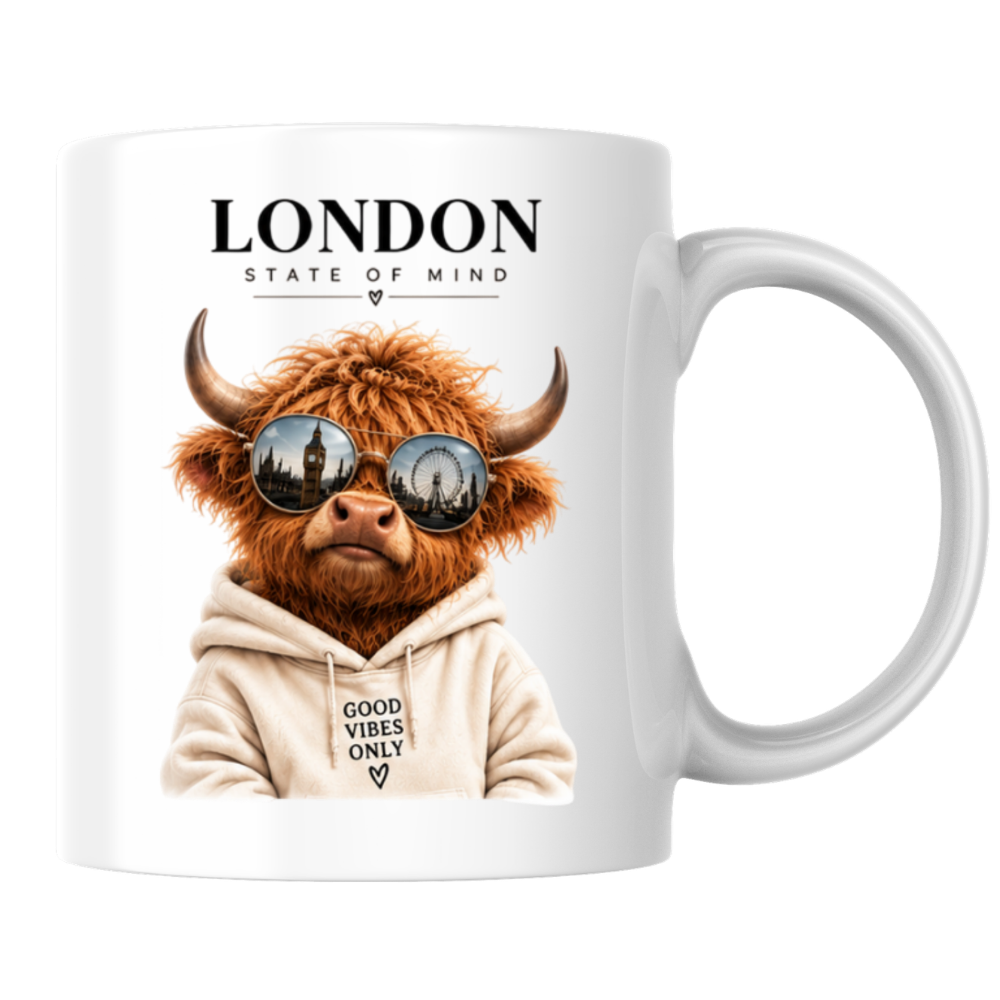 London State of Mind Highland Cow Mug "LONDON State of Mind, Good Vibes Only" Graphic 325ml Ceramic Coffee Cup Cool Highland Cow in Sunglasses Novelty Tea Cup | Trendy London Gift for Her & Him | Available in Multicolours | Fast Dispatch (M3139)