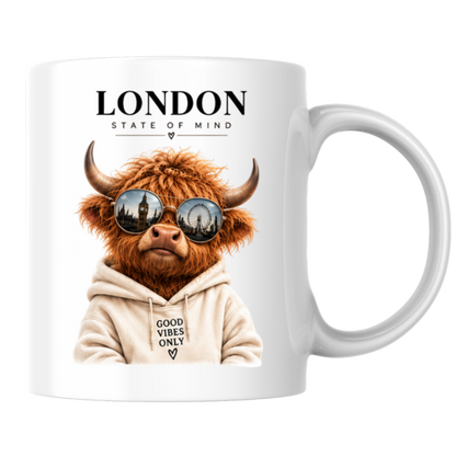London State of Mind Highland Cow Mug "LONDON State of Mind, Good Vibes Only" Graphic 325ml Ceramic Coffee Cup Cool Highland Cow in Sunglasses Novelty Tea Cup | Trendy London Gift for Her & Him | Available in Multicolours | Fast Dispatch (M3139)