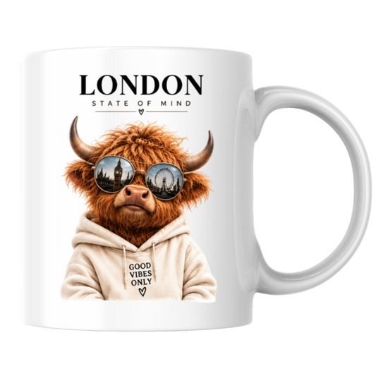 London State of Mind Highland Cow Mug "LONDON State of Mind, Good Vibes Only" Graphic 325ml Ceramic Coffee Cup Cool Highland Cow in Sunglasses Novelty Tea Cup | Trendy London Gift for Her & Him | Available in Multicolours | Fast Dispatch (M3139)