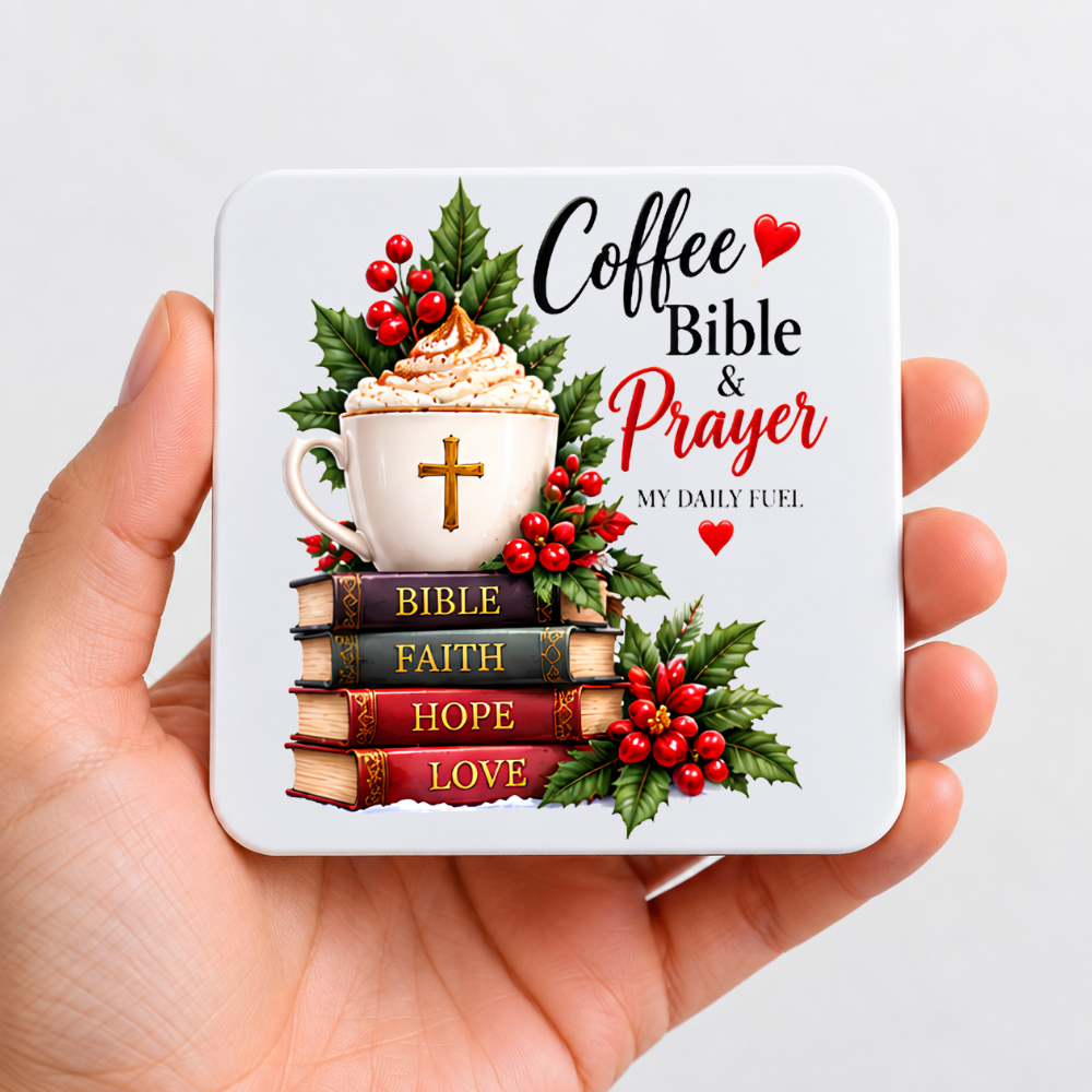 Inspirational Religious Hardboard Coaster "Coffee Bible & Prayer My Daily Fuel" Graphic 9cm x 9cm Square Drinks Coaster “Stack of Holy Book
