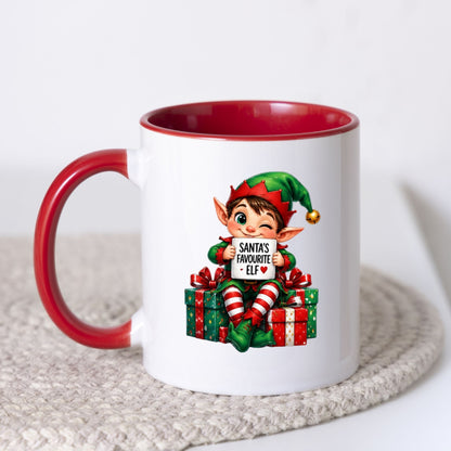 Festive Mug "Santa's Favourite Elf" Christmas Holiday Character 325ml Ceramic Coffee Mug – Cute Holiday Tea Cup with Elf Hat & Gift Box Sign | Available in Multicolours | Fast Dispatch by UK Seller (M1242)