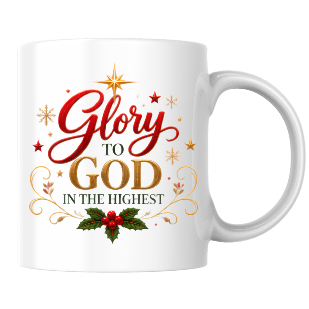 Christmas Mug "Glory To God In The Highest" Glory to God in the Highest 325ml Ceramic Coffee Mug – Festive Christian Typography Mug with Star Of Bethlehem Holly Gold Stars Holiday Gift | Available in Multicolours | Fast Dispatch by UK Seller (M3316)