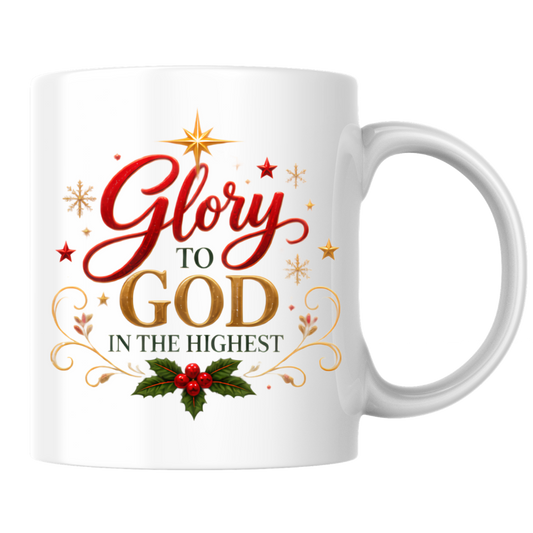 Christmas Mug "Glory To God In The Highest" Glory to God in the Highest 325ml Ceramic Coffee Mug – Festive Christian Typography Mug with Star Of Bethlehem Holly Gold Stars Holiday Gift | Available in Multicolours | Fast Dispatch by UK Seller (M3316)