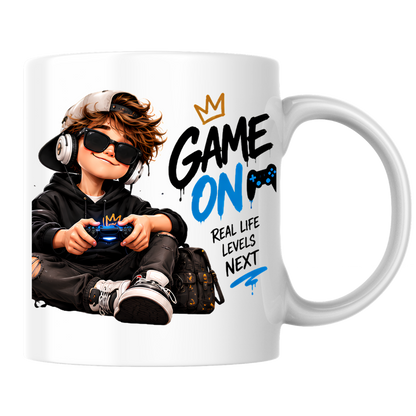 Gamer Mug "Game On" 325ml Ceramic Coffee Tea Cup – Cool Boy Graphic, Headphones, Controller & Slogan Novelty Gift for Gamers, Teens, Birthday – Fast Dispatch by UK Seller (M3502)