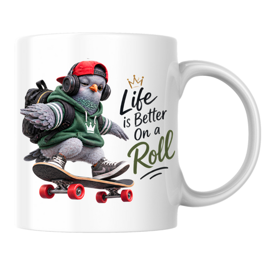 Skateboard Mug "Life Is Better On A Roll Cool Pigeon" 325ml Ceramic Coffee Mug – Cool Skater Pigeon with Red Cap, Headphones Green Hoodie Skateboard Gift For Skaters Friends | Available in Multicolours | Fast Dispatch by UK Seller (M3239)