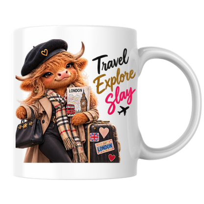Travel Mug "Travel Explore Slay Highland Cow" Travel Explore Slay Highland Cow 325ml Ceramic Coffee Mug – Chic London Travel Tea Cup with Beret Trench Coat Scarf Graphic Gift | Available in Multicolours | Fast Dispatch by UK Seller (M3199)