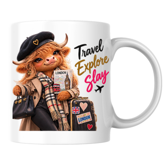 Travel Mug "Travel Explore Slay Highland Cow" Travel Explore Slay Highland Cow 325ml Ceramic Coffee Mug – Chic London Travel Tea Cup with Beret Trench Coat Scarf Graphic Gift | Available in Multicolours | Fast Dispatch by UK Seller (M3199)