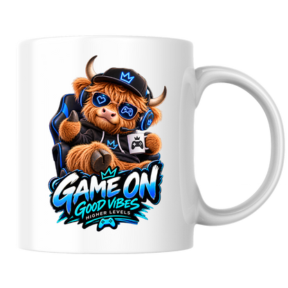 Gaming Mug "Game On Good Vibes Higher Levels" Game On Good Vibes Higher Levels 325ml Ceramic Coffee Mug – Cute Highland Cow Gamer in Chair with Headset, Mug & Blue Splatter Art | Video Game Gift | Fast Dispatch by UK Seller (M3348)