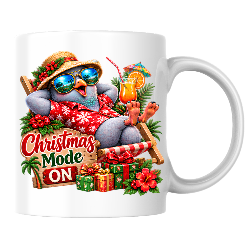 Tropical Christmas Mug "Christmas Mode ON Cool Bird" 325ml Ceramic Coffee Mug – Funny Tropical Christmas Bird in Hawaiian Shirt Sunglasses Straw Hat Relaxing On Deck Chair Holiday Gift | Available in Multicolours | Fast Dispatch by UK Seller (M3270)