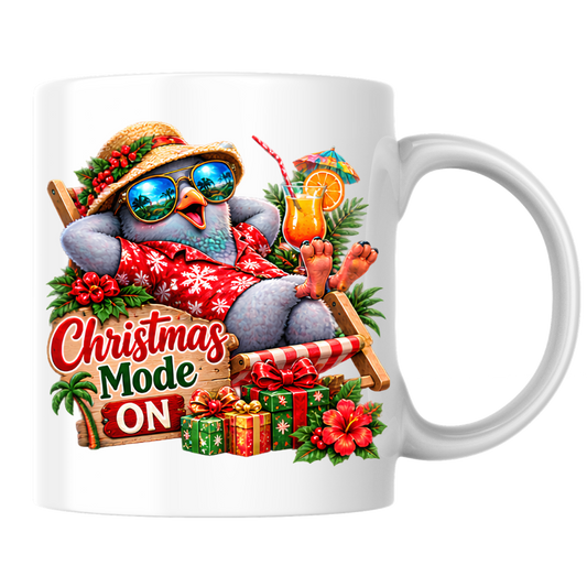 Tropical Christmas Mug "Christmas Mode ON Cool Bird" 325ml Ceramic Coffee Mug – Funny Tropical Christmas Bird in Hawaiian Shirt Sunglasses Straw Hat Relaxing On Deck Chair Holiday Gift | Available in Multicolours | Fast Dispatch by UK Seller (M3270)