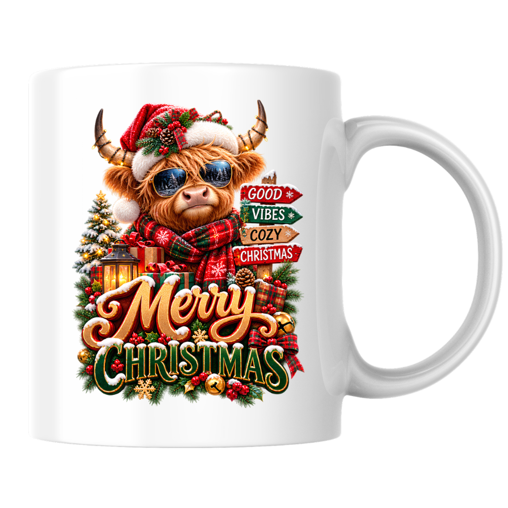 Christmas Mug "Merry Christmas Good Vibes Cozy Christmas" Merry Christmas 325ml Ceramic Coffee Mug – Cute Highland Cow Santa Mug with Good Vibes Cozy Christmas Signs & Presents | Festive Holiday Gift | Fast Dispatch by UK Seller (M3336)