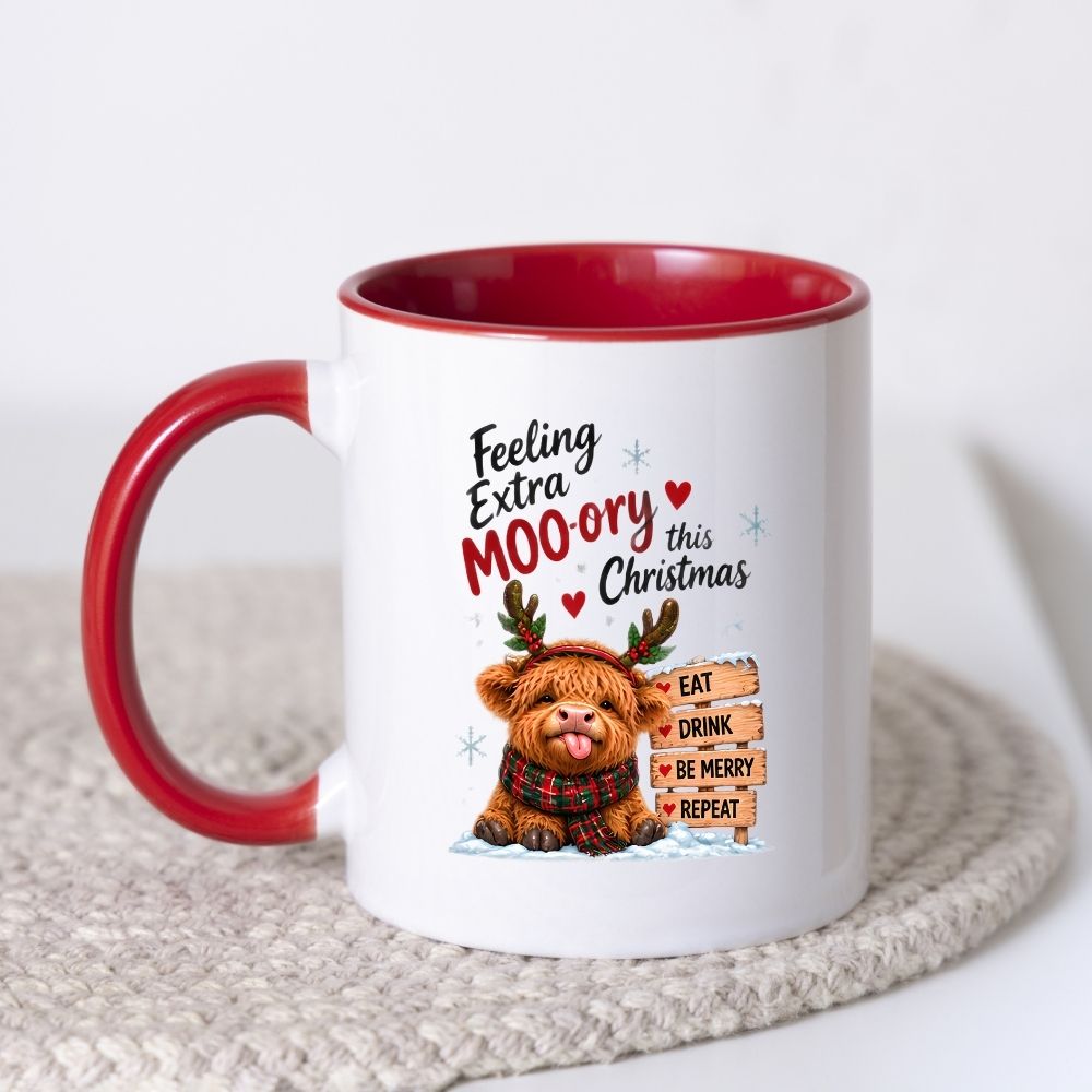Festive Mug "Feeling Extra Moo-rry This Christmas" Highland Cow 325ml Ceramic Coffee Mug Cute Holiday Tea Cup with Reindeer Antlers, Plaid Scarf & Wooden Sign Gift | Available in Multicolours | Fast Dispatch by UK Seller (M1293)