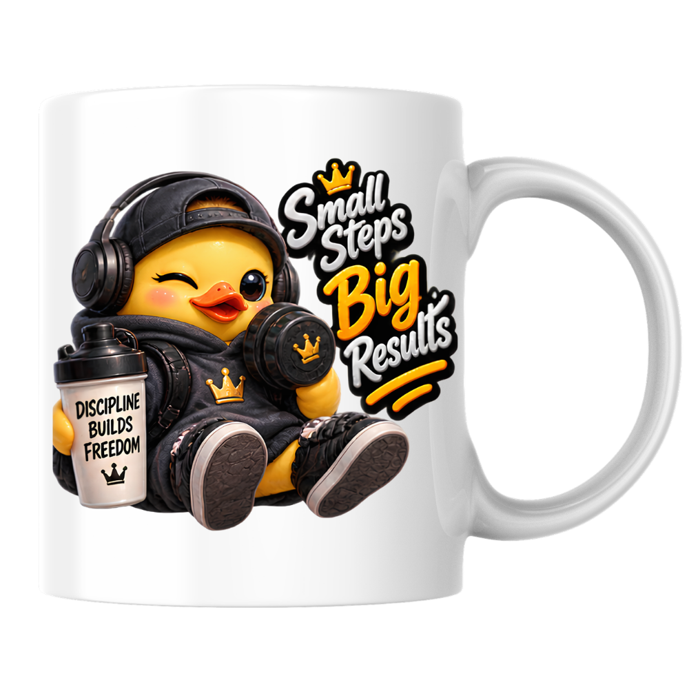 Fitness Mug "Small Steps Big Results Fitness Duck" 325ml Ceramic Coffee Mug – Cute Fitness Duck in Black Hoodie, Cap Headphones Holding Dumbbell Protein Shaker Gym Motivation Gift | Available in Multicolours | Fast Dispatch by UK Seller (M3257)