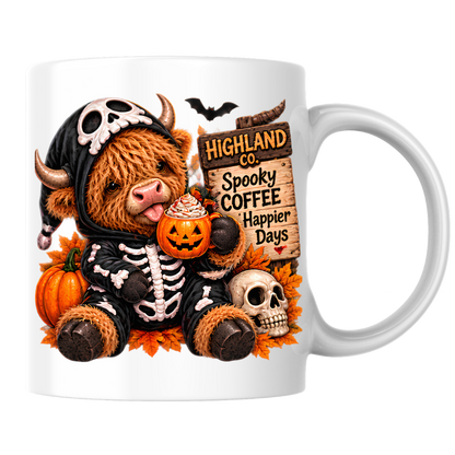 Halloween Mug "Skeleton Onesie Spooky Coffee Happier Days Highland Co." Skeleton Onesie Highland Cow 325ml Ceramic Coffee Mug – Cute Halloween Tea Cup Skull Onesie Pumpkin Mug Graphic Gift | Available in Multicolours | Fast Dispatch by UK Seller (M3181)
