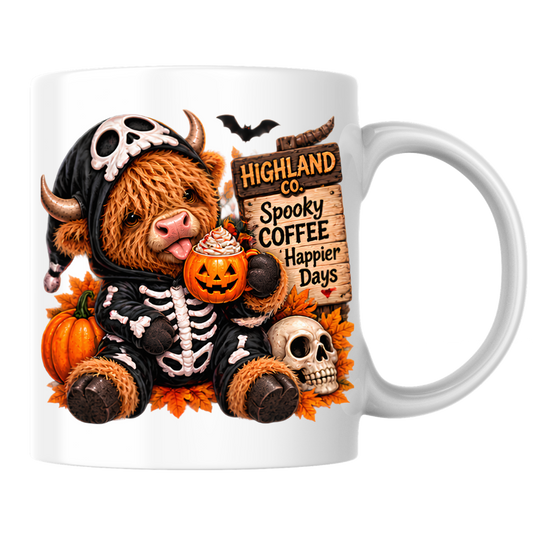 Halloween Mug "Skeleton Onesie Spooky Coffee Happier Days Highland Co." Skeleton Onesie Highland Cow 325ml Ceramic Coffee Mug – Cute Halloween Tea Cup Skull Onesie Pumpkin Mug Graphic Gift | Available in Multicolours | Fast Dispatch by UK Seller (M3181)