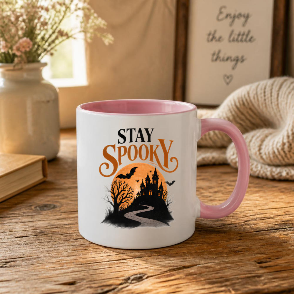 Halloween Mug "STAY SPOOKY" Haunted Castle 325ml Ceramic Coffee Mug Atmospheric Autumn Tea Cup with Full Moon, Winding Path & Bats Graphic Gift | Available in Multicolours | Fast Dispatch by UK Seller (M3080)