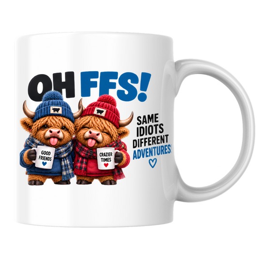 Winter Besties Highland Cows Mug "OH FFS! Same Idiots Different Adventures!" Oh Ffs! Same Idiots Different Adventures! 325ml Ceramic Coffee Mug –Cute Highland Cows in Bobble Hats with Mugs & Scarves | Funny Bestie Gift | Fast Dispatch by UK Seller (M3372)