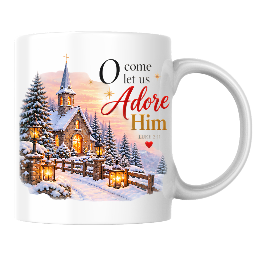 Christmas Mug "O Come Let Us Adore Him Luke 2:11" O Come Let Us Adore Him 325ml Ceramic Coffee Mug – Festive Winter Church Scene Mug with Lanterns Snow Dusted Trees Holiday Gift | Available in Multicolours | Fast Dispatch by UK Seller (M3322)