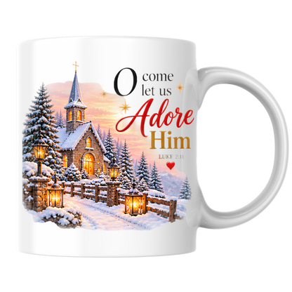 Christmas Mug "O Come Let Us Adore Him Luke 2:11" O Come Let Us Adore Him 325ml Ceramic Coffee Mug – Festive Winter Church Scene Mug with Lanterns Snow Dusted Trees Holiday Gift | Available in Multicolours | Fast Dispatch by UK Seller (M3322)