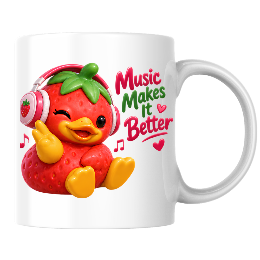 Music Mug "Music Makes It Better Strawberry Duck" 325ml Ceramic Coffee Mug – Cute Winking Strawberry Duck with Pink Headphones Peace Sign Fun Gift For Music Lovers Friends | Available in Multicolours | Fast Dispatch by UK Seller (M3251)