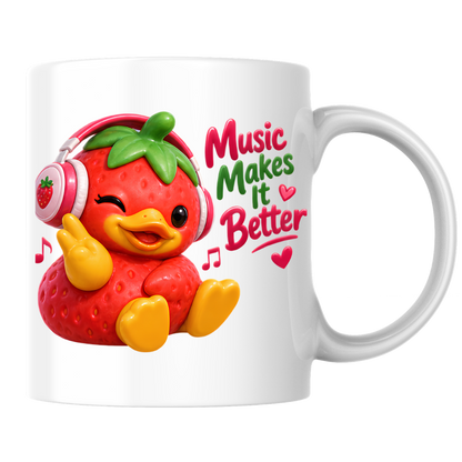 Music Mug "Music Makes It Better Strawberry Duck" 325ml Ceramic Coffee Mug – Cute Winking Strawberry Duck with Pink Headphones Peace Sign Fun Gift For Music Lovers Friends | Available in Multicolours | Fast Dispatch by UK Seller (M3251)