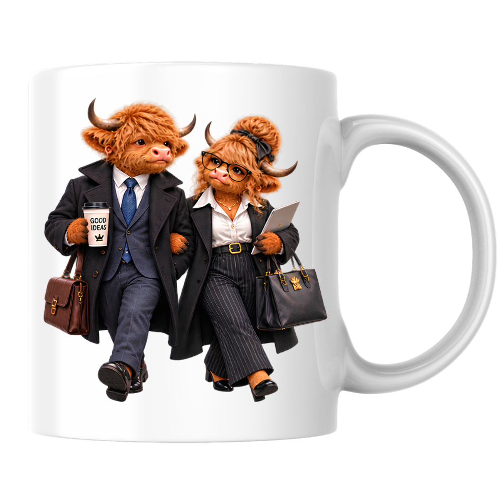 Business Mug "Professional Highland Cow Power Couple" Professional Highland Cow Power Couple 325ml Ceramic Coffee Mug – Stylish Office Corporate Tea Cup With Suits Coffee Graphic Gift | Available in Multicolours | Fast Dispatch by UK Seller (M3193)