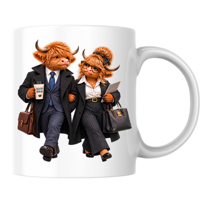 Business Mug "Professional Highland Cow Power Couple" Professional Highland Cow Power Couple 325ml Ceramic Coffee Mug – Stylish Office Corporate Tea Cup With Suits Coffee Graphic Gift | Available in Multicolours | Fast Dispatch by UK Seller (M3193)