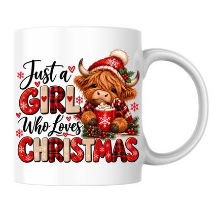 Christmas Highland Cow Mug "Just A Girl Who Loves Christmas" Just A Girl Who Loves Christmas 325ml Ceramic Coffee Mug – Festive Highland Cow in Santa Hat with Hot Cocoa & Buffalo Plaid Typography | Holiday Gift | Fast Dispatch by UK Seller (M3460)